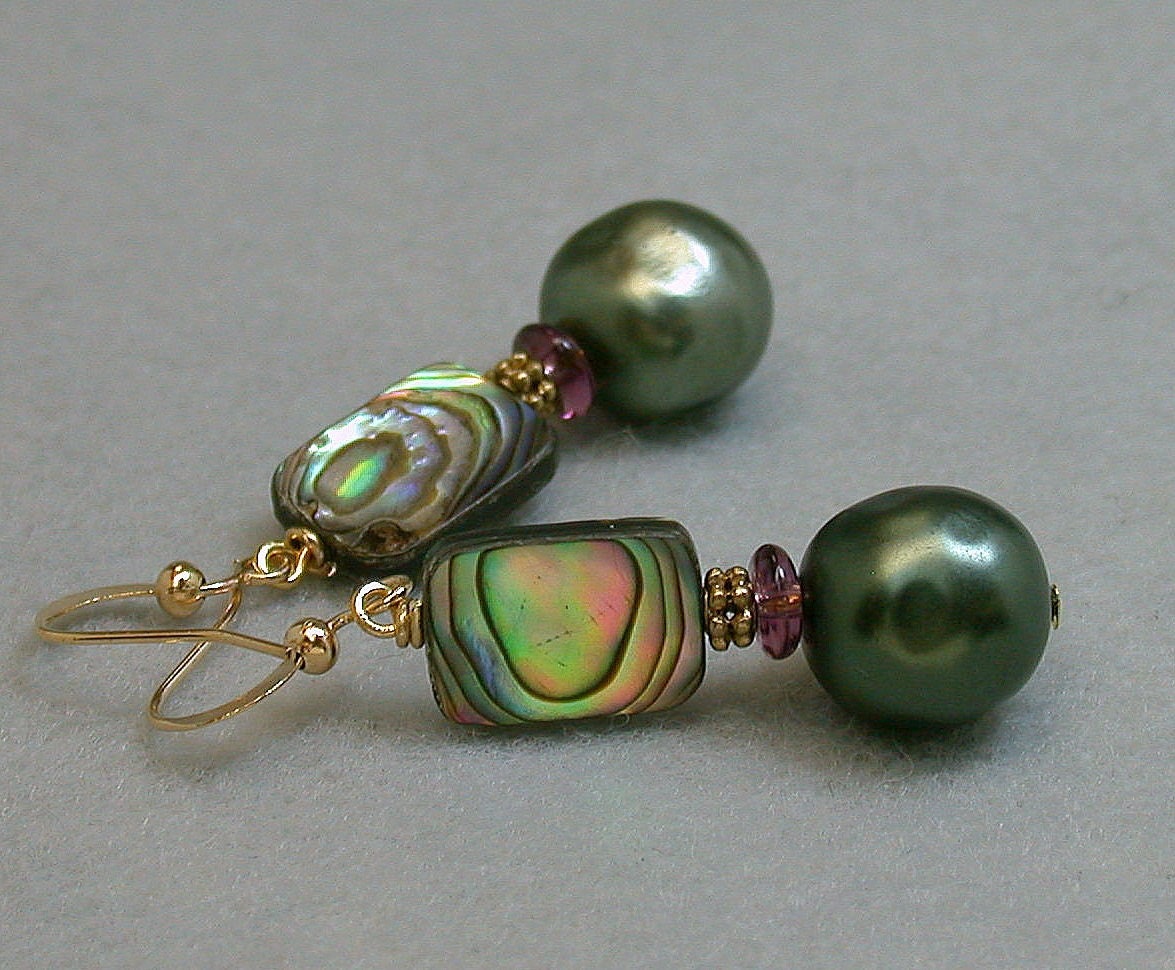 Vintage Paua Abalone Shell Bead Earrings, Japanese Green Glass Pearls