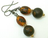 Vintage Japanese Amber Black Glass Bead Earrings ,Chocolate Brown Gold Splatter Bead