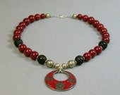 Antique Red Guilloche Enamel Pendant Vintage Bead Necklace, Red Chalcedony , Black Cinnabar - Drishti
