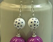 Vintage Purple Lucite Melon Bead Earrings,White Polka Dot Bead, Silver