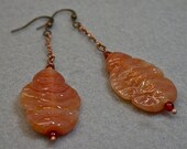 Vintage Japanese Orange Glass Handmade Leaf Bead Earrings , Carnelian, Copper- Momiji