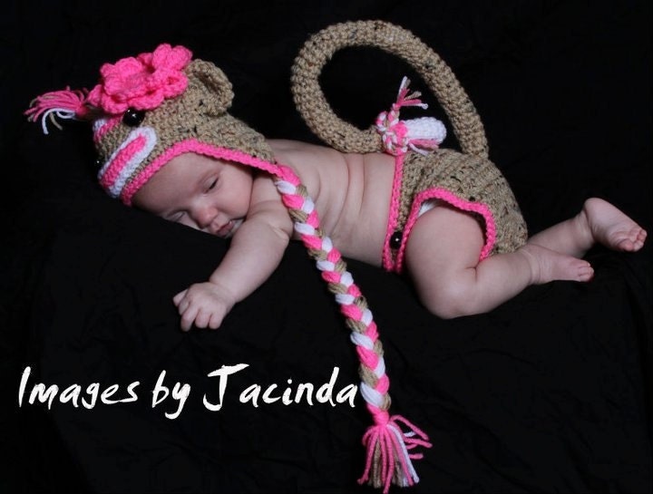 Baby Girls Pink Sock Monkey HAT & DIAPER COVER Set Size Newborn 3m 6m Photo Prop Crochet Custom made Baby Girl Clothes Costume Gift