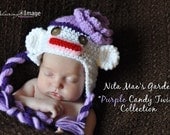 Baby Girls Sock Monkey HAT Newborn 0 3m or 6m Crochet Photo Prop Custom Made purple lavender Clothes Perfect year round
