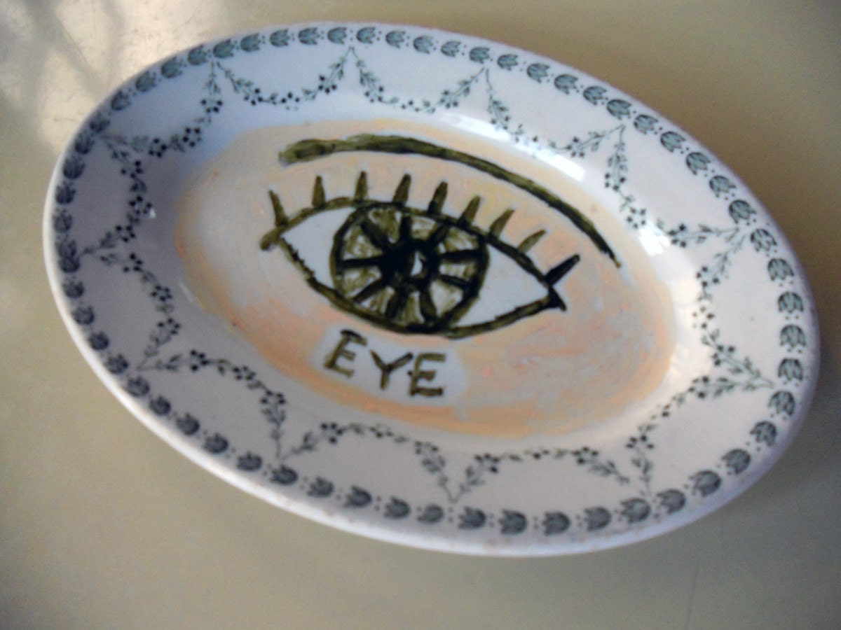 Eye diner plate hand painted reworked