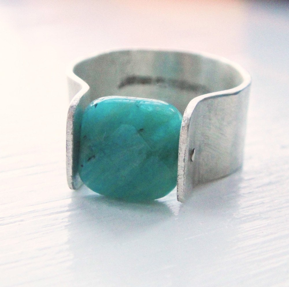 Sterling Rivet Ring - Russian Amazonite Square Stone