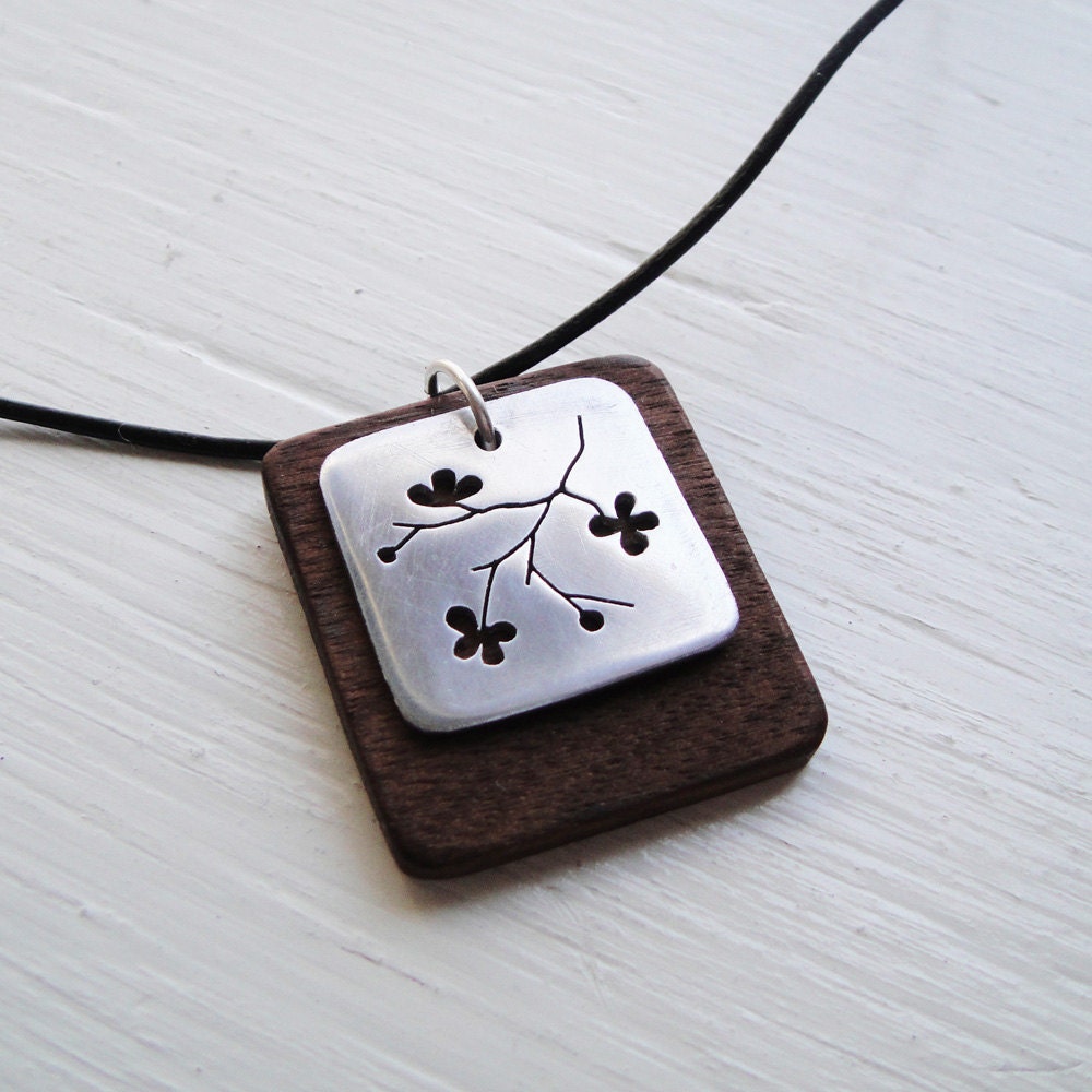 Sakura Branch Cutout Necklace in Walnut on Skinny Greek Cord -- Modern Woods