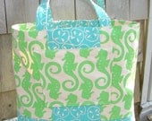 Tote Bag Market Canvas Beach Green Turquoise Handprinted Seahorse Sandollar