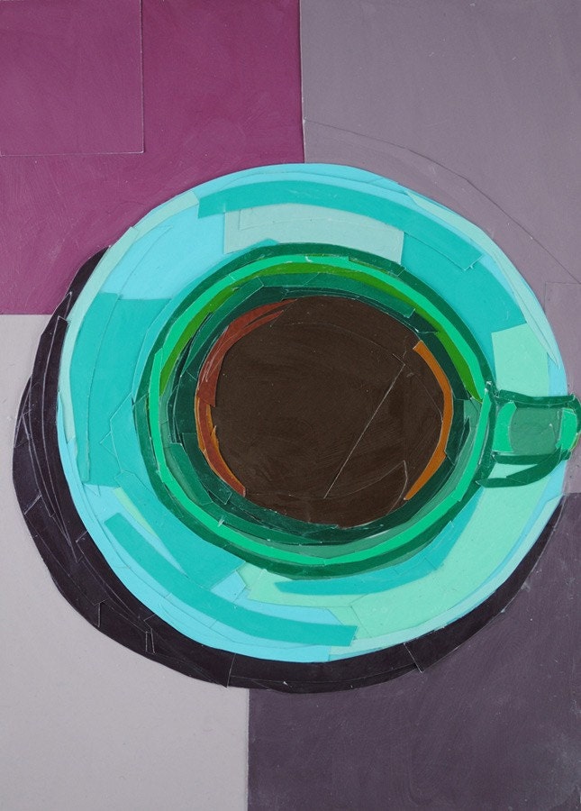 Green Coffee Cup from a Bird's-eye View, 7x5 inch ORIGINAL COLLAGE ART