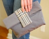 Foldover clutch handbag or makeup bag- peach houndstooth menswear and charcoal grey / gray kona cotton