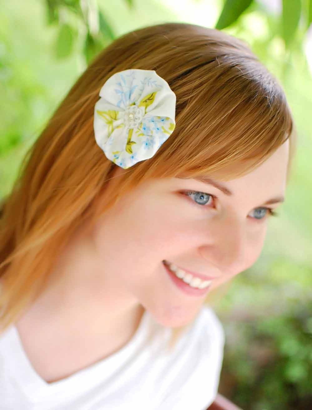 Blue Spring Floral Hair clip- yoyo and rhinestone button