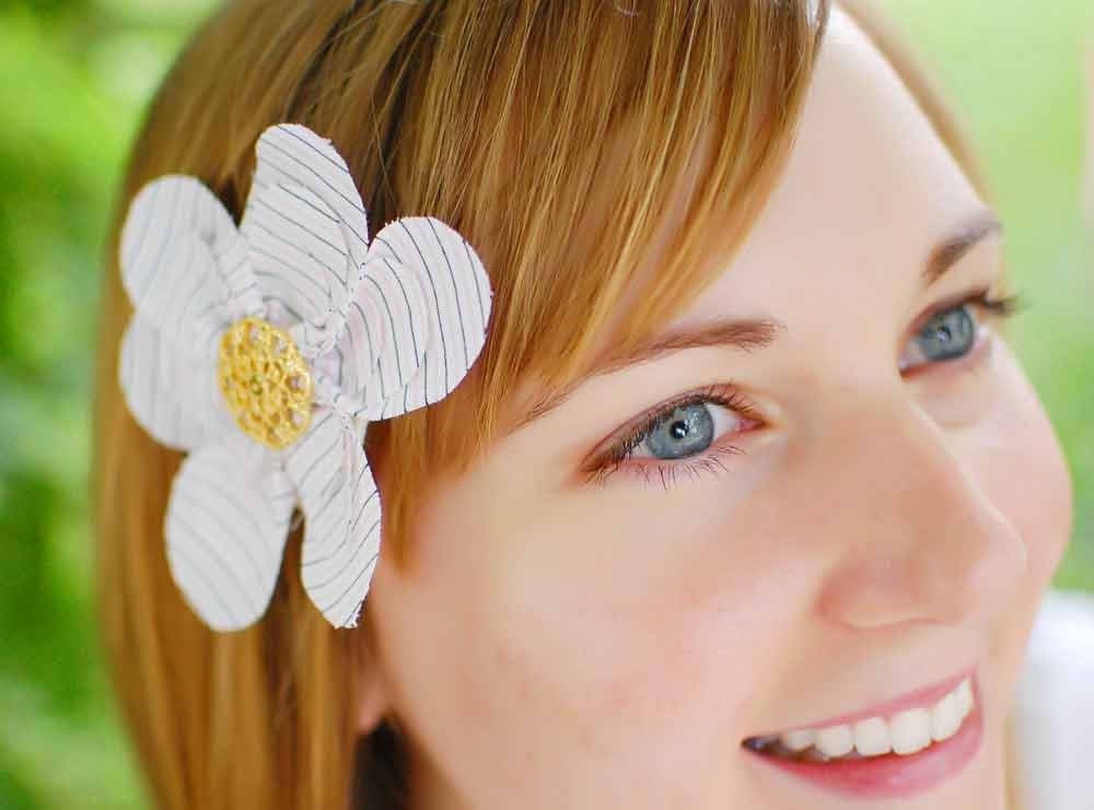Hair clip flower- chic pink and black pinstripe hair accessory