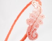 50 percent off sale- Headband- coral upcycled fabric with vintage lace applique detail