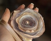 Beige and Gray Flower Belt or Pin with Layered Organza and Satin Petals and Swarovski Crystals