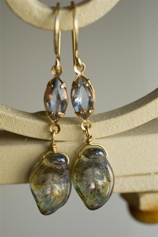 Dangle Earrings - Rainfall in the City - Silver Gray Grey Glass Rhinestones and Leaves