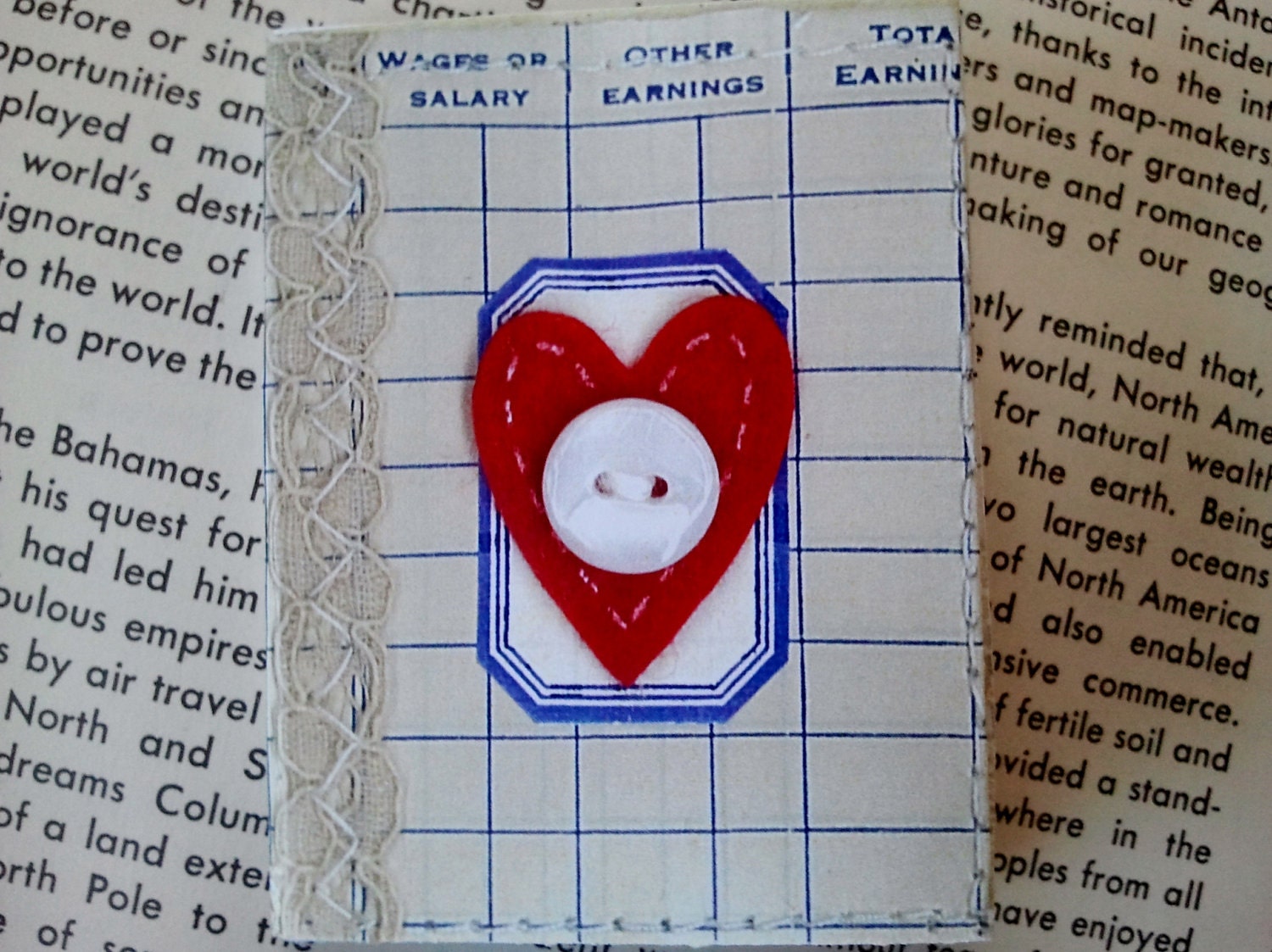 Vintage Blue Ledgers, Dennison Labels, and Red Hearts Tiny Book
