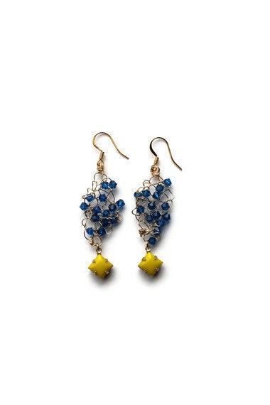 Earrings Hand Knit Blue Swarovski Crystals Yellow Vintage Glass Stone Dangly Earrings- THE SAMMIE EARRING