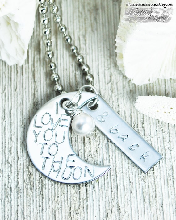 I Love You to the Moon and Back Hand Stamped Pendant Necklace with Crystal