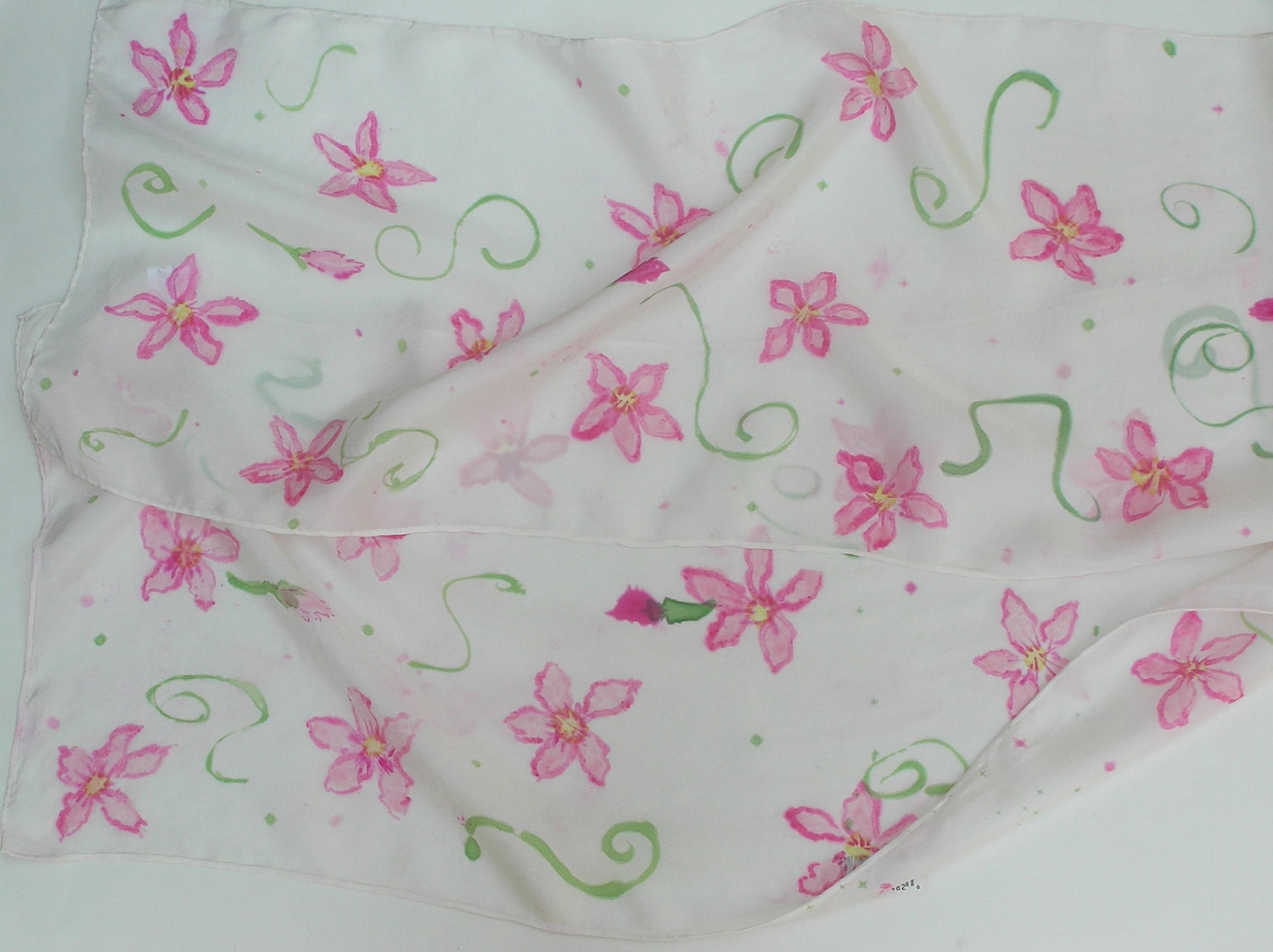 SILK SCARF flowers, hand dyed, Spring Blossoms, pink, green