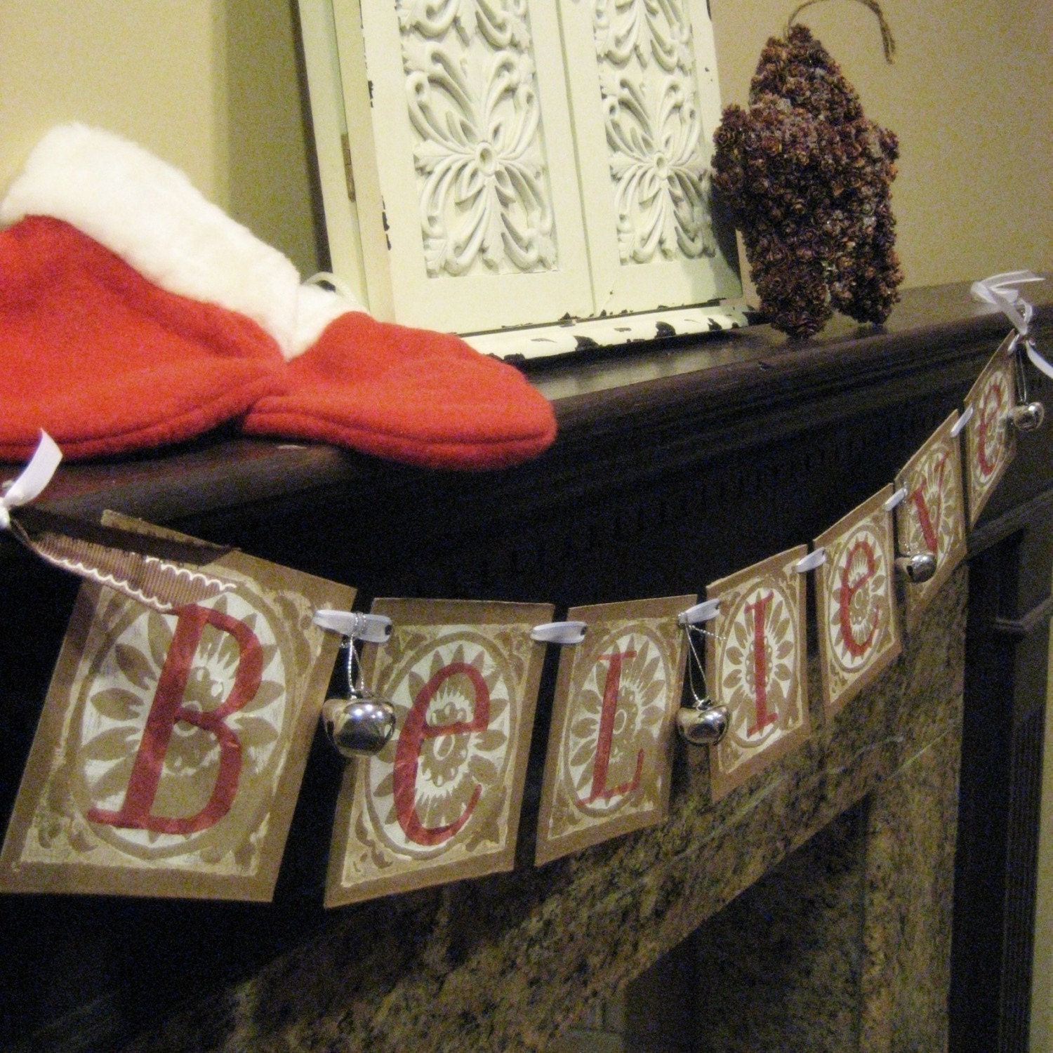 Christmas Decoration BELIEVE Garland Banner Sign Silver Jingle Bells Il_170x135