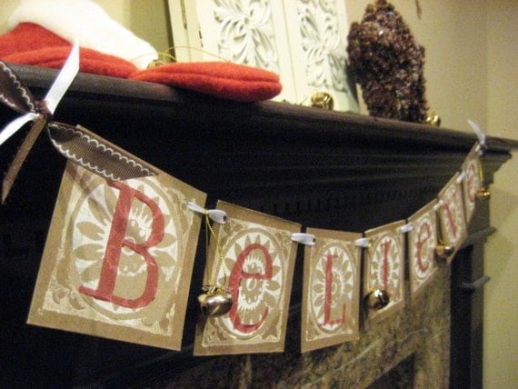 Christmas Decoration BELIEVE Garland Banner Sign Gold Jingle Bells Il_570xn