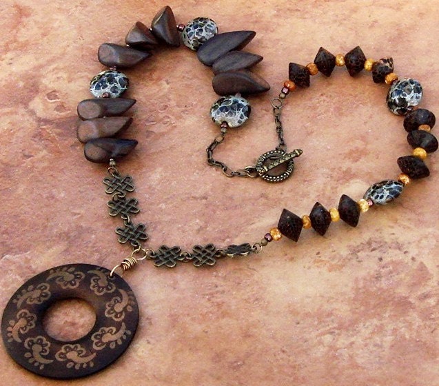 LOVE'S ETERNAL NECKLACE - Wood Beads, Handmade Lampwork Beads, Eternity Chain, Earrings Included