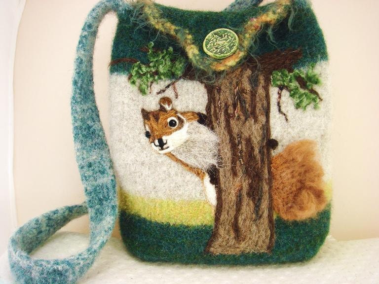 Felted Purse Handbag: Squirrel in a Tree green, natural, tote