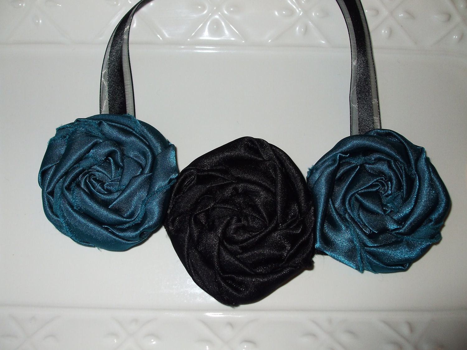 SALE, Flower bib necklace, fabric necklace, wedding accessory, prom, graduation, all occasion accessories, black and dark teal,