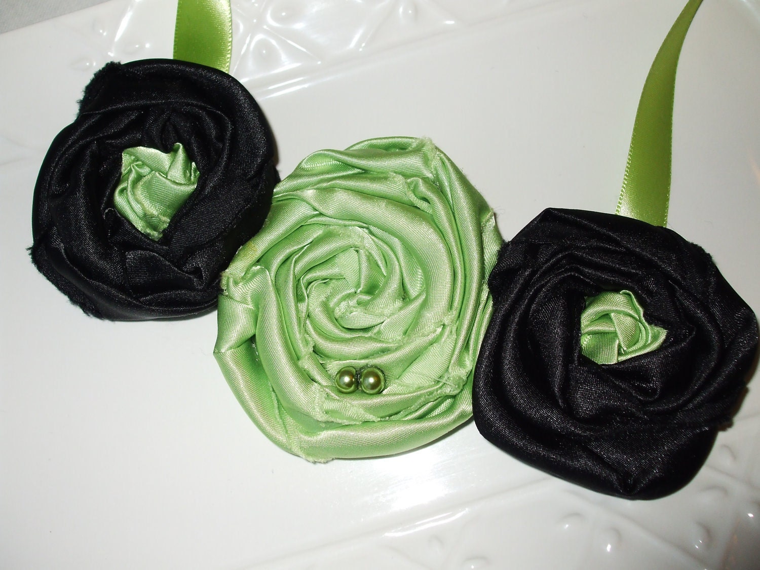 SALE Flower necklace, Rosette necklace, bib necklace, bridesmaid necklace, rolled fabric flower, statement necklace, black, lime green
