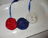 Fabric flower bib necklace, rosette flower fabric necklace, super hero, red, white & blue, wonder woman, super man, super girl