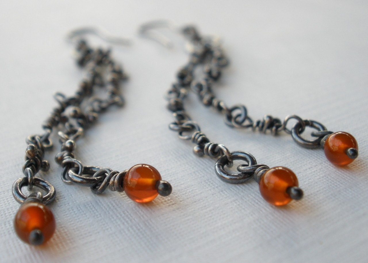 Carnelian Sterling Silver Earrings. Oxidized Dangling Knot Links with Stones -Drizzle-