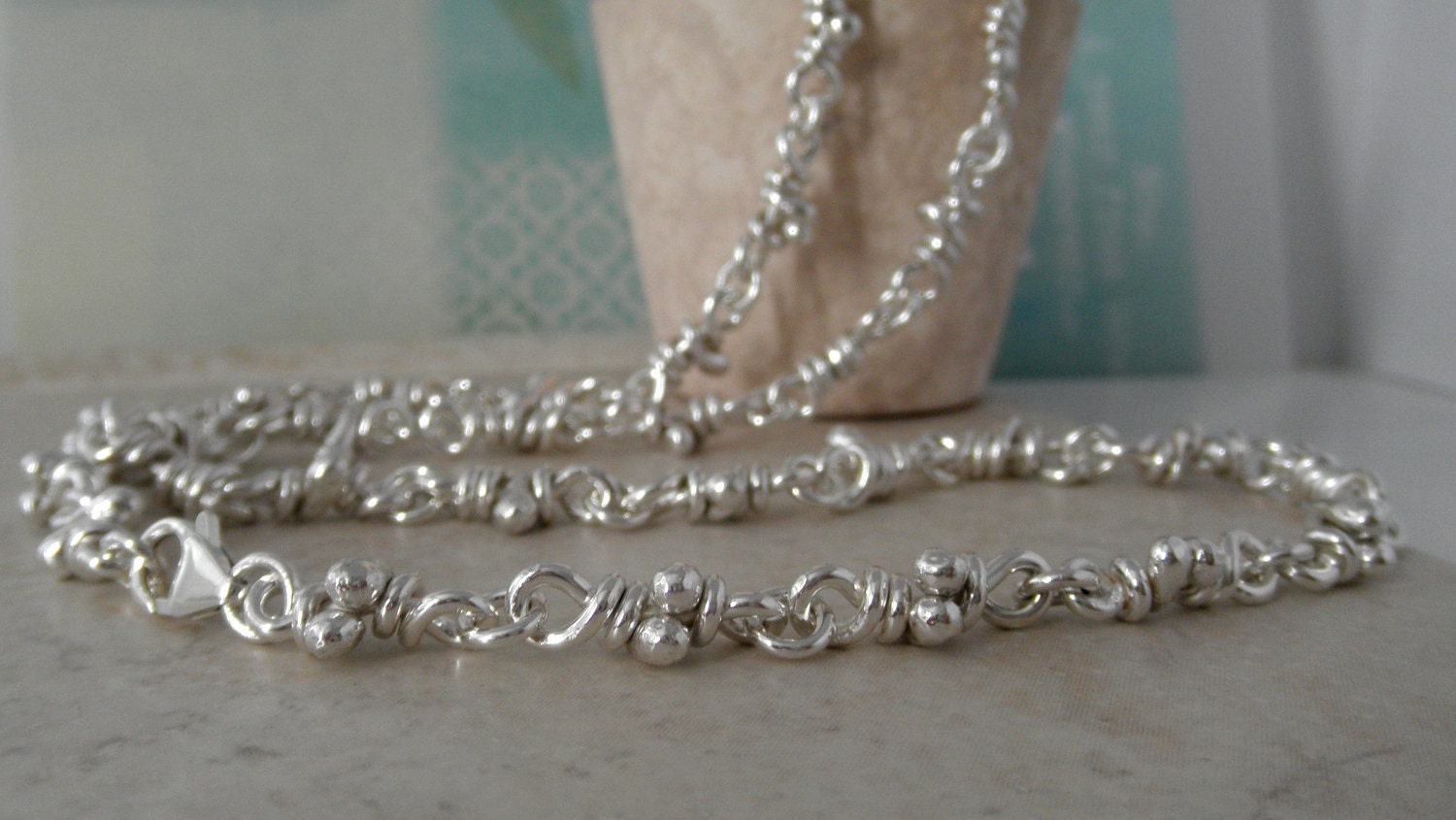 Sterling Silver Knots Necklace. Knot Link. Linked Sturdy Handmade Chain. Rustic Links. 18" -Ra-
