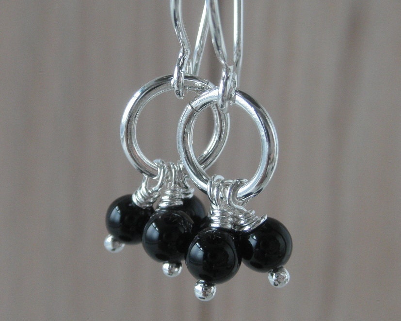 Black Agate Sterling Silver Earrings. Dangling Stones -Lau-