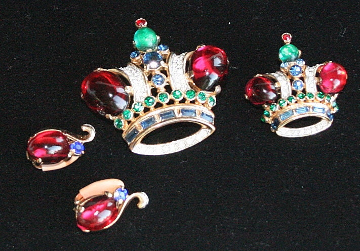 Vintage Trifari Sterling Silver 14k Gold Crown Brooch Earrings Set Vermeil 1940s Alfred Philippe