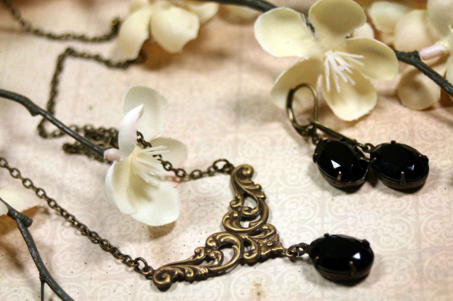 Juliet Necklace n Earrings Set in Jet Black Vintage Swarovski Rhinestones