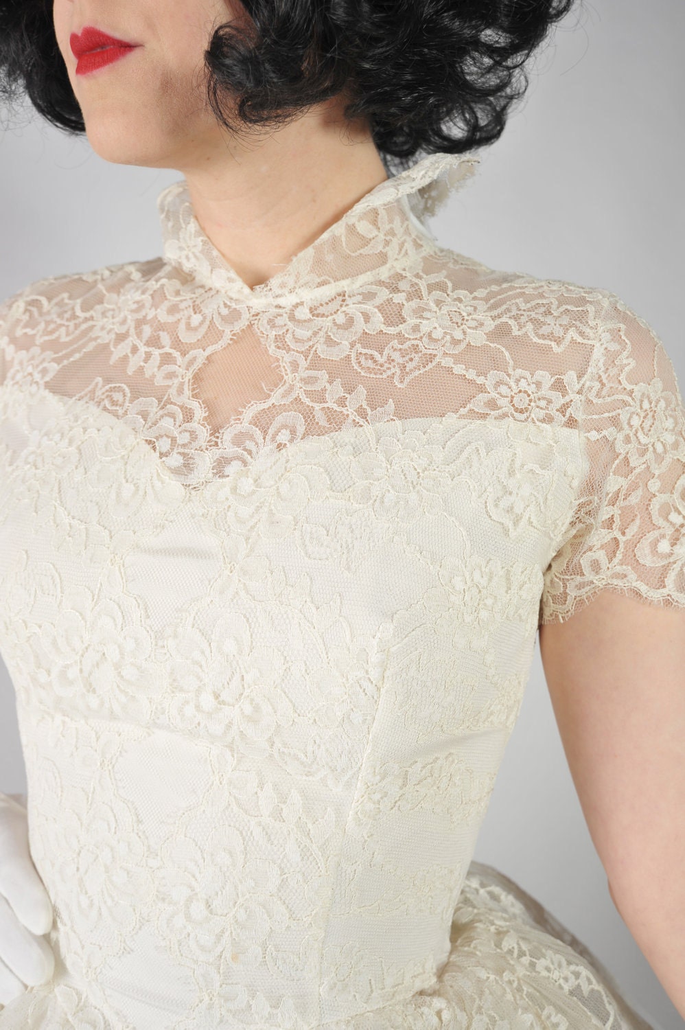 Vintage 1950s Wedding Dress // Stunning Tea Length Full Skirt Tiered Lace Wedding Gown with Stand Up Collar