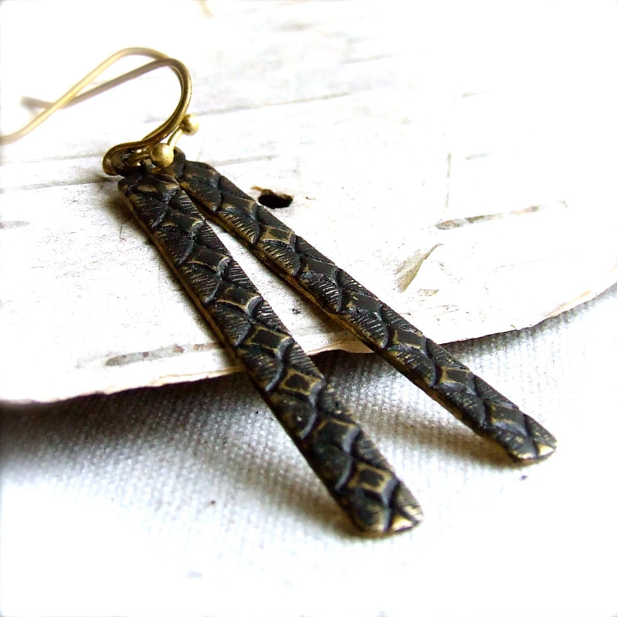 Black Brass Diamond Patterned Sticks, Patina - Earrings -Dimend in Charcoal -Jewellery