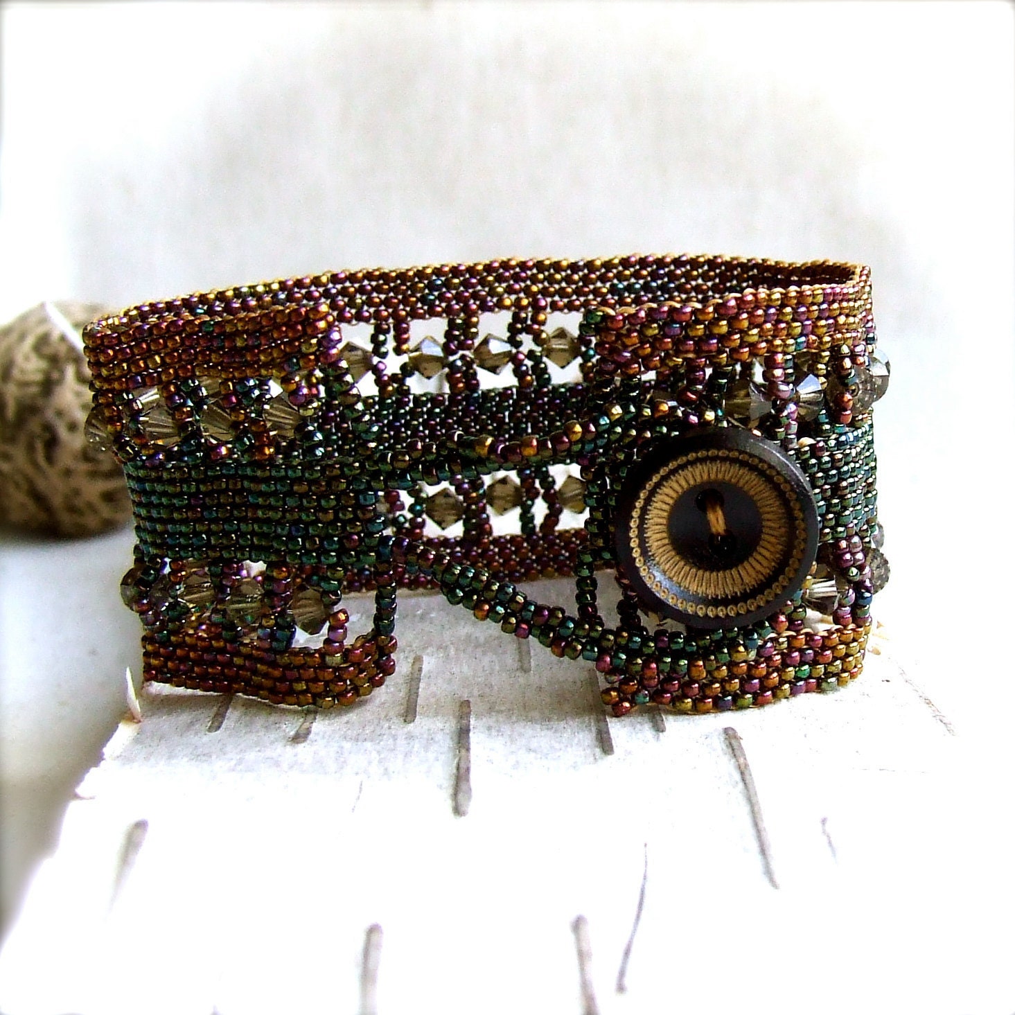 Wood, Glass Seed Beaded - Beadwoven Statement Bracelet -Tapestry - Beadwoven Jewelry - Handmade Fashion - balanced