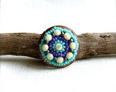 Blue Woven Glass Seed Bead Copper - Ring -Blue, Cream, Teal -Jewellery