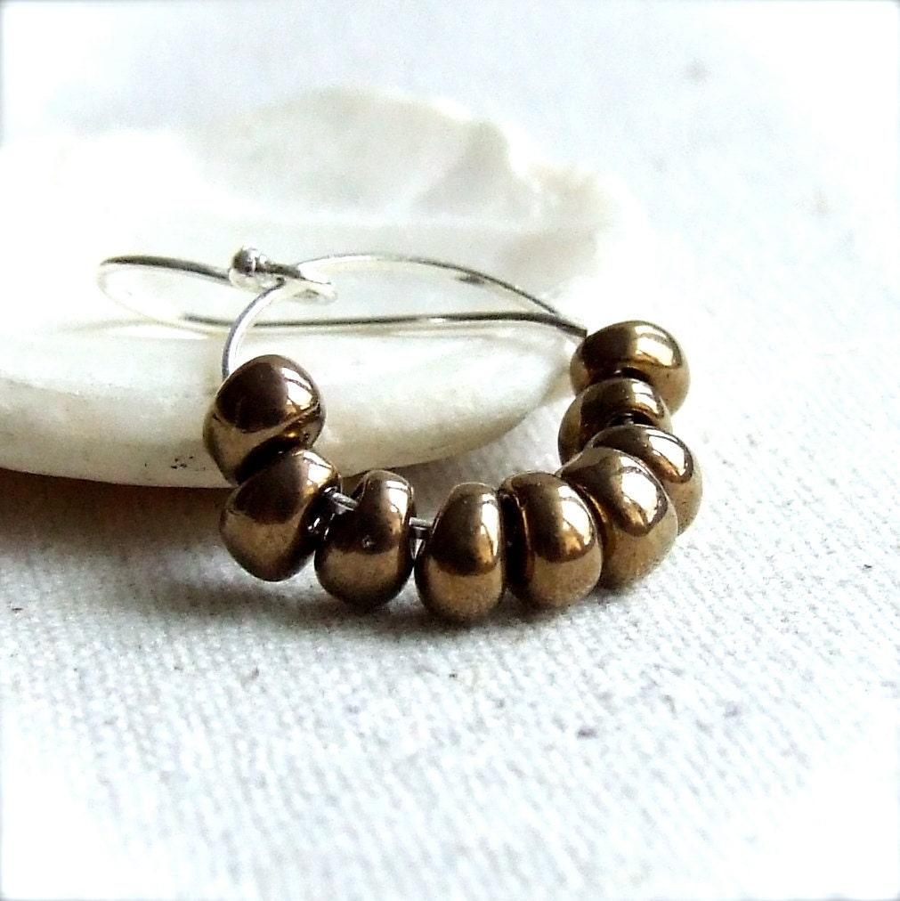 SALE - Glass Drop Beads on Silver Hoops, Sterling Silver - Earrings -Trickle in Bronze -