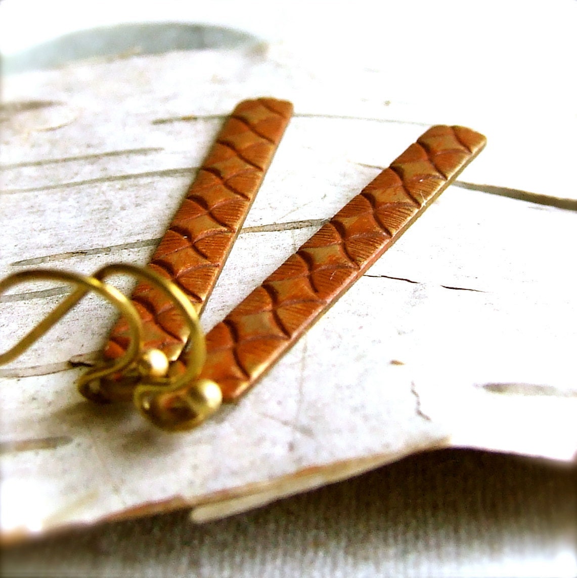 Brass Diamond Patterned Sticks, Patina - Earrings -Dimend in Terracotta -Jewellery