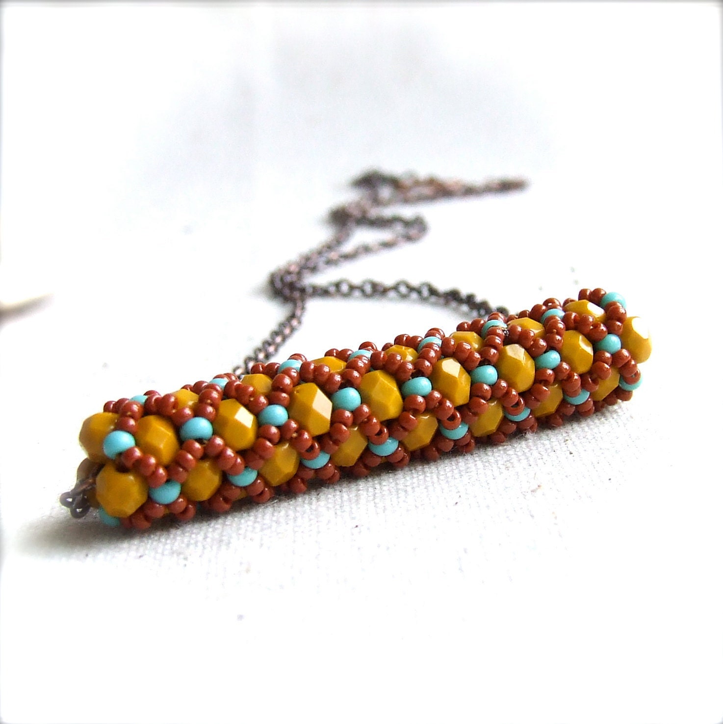 Mustard Red Glass Beaded Woven Tube - BeadWoven Necklace -Cimbicid in Mustard - Fall Fashion - balanced