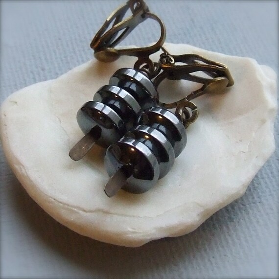 SALE - Hematite, Brass - Clip Earrings - 'Steel'