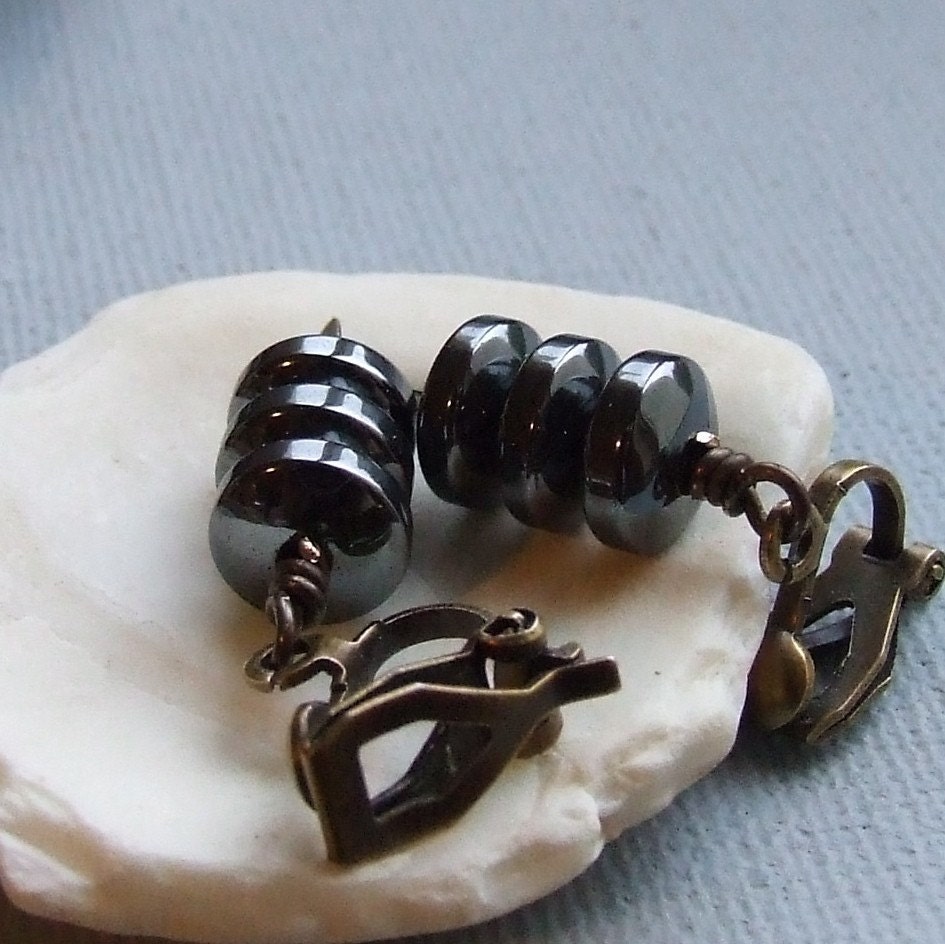 SALE - Hematite, Brass - Clip Earrings - 'Steel'