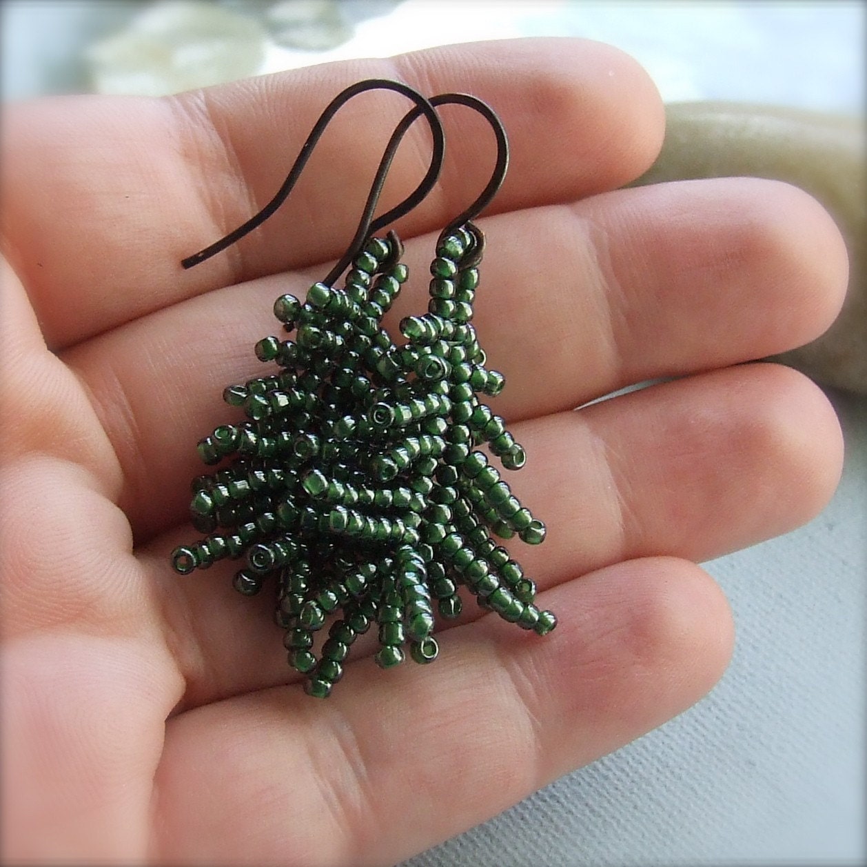 Glass Seed Bead, Copper - Earrings - 'Fern Frond'