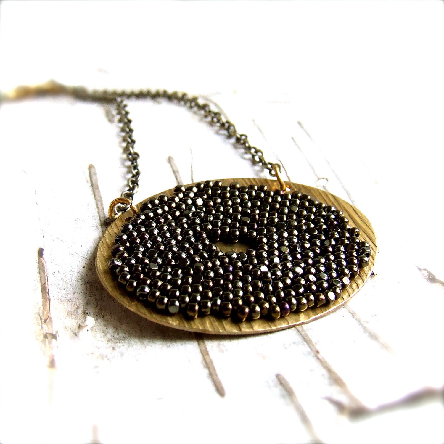 Faceted Glass Seed Beaded Brass - Beadwoven Necklace -Dark Olive Geode Slice - Handmade Fashion
