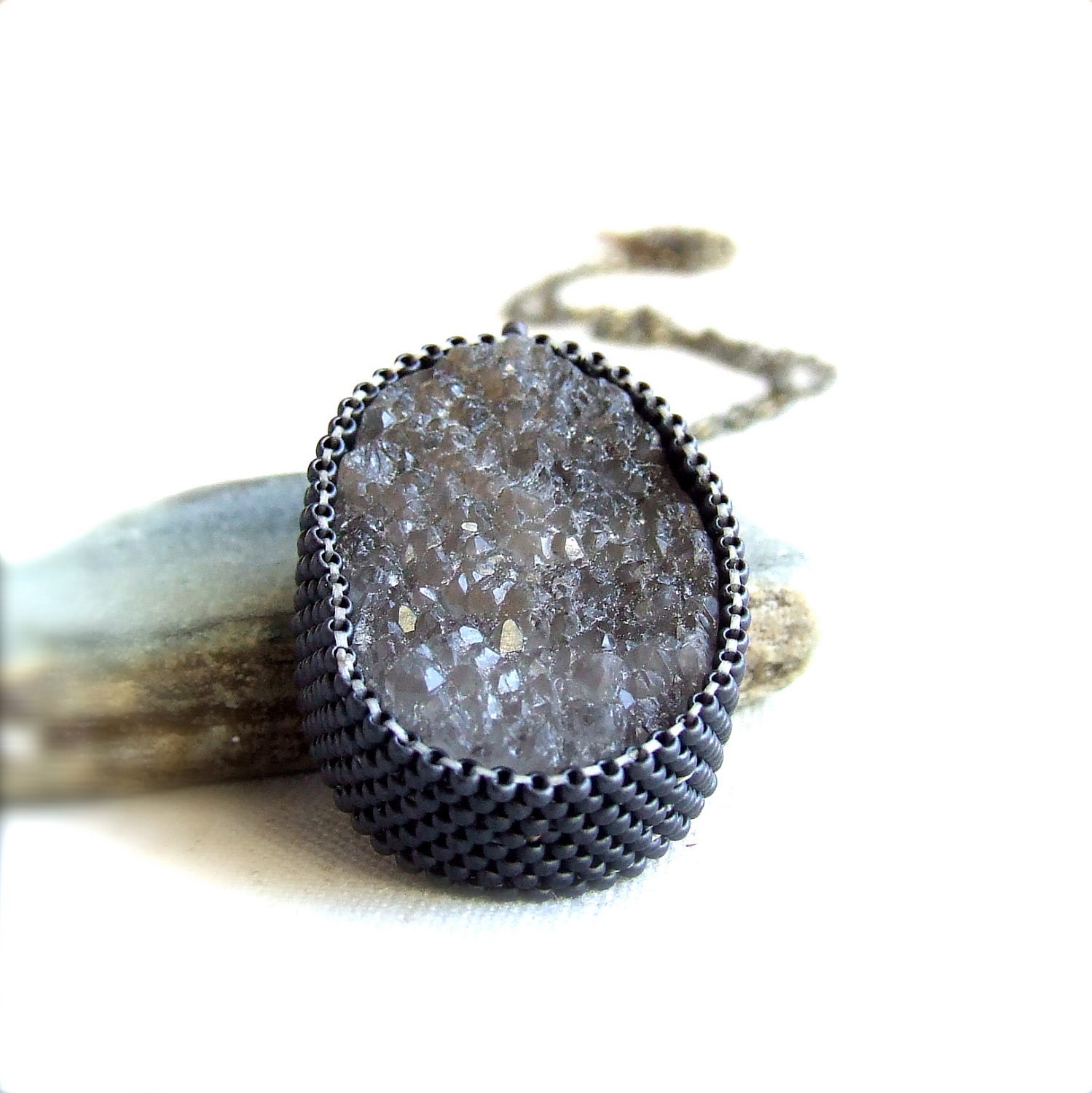 Smoky Quartz Druzy Necklace - Brass - Gemstone Necklace - Winter Fashion