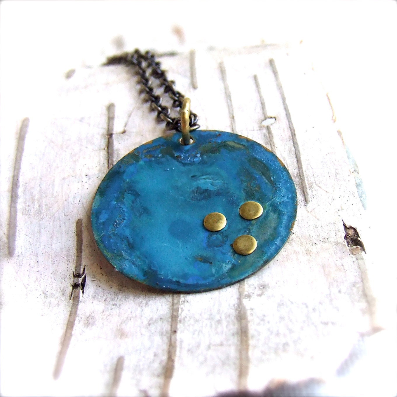 Ocean Blue Patinaed Round Brass Rivets - Patina Necklace - Little Blue - Patina Jewelry - Solar System-
