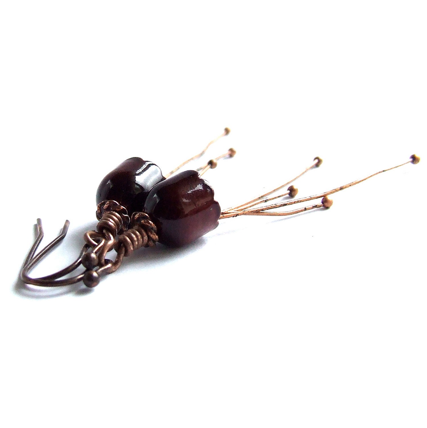 Berry Red Flower Dangle Drop Earrings Enamel Tulip Copper Maroon Burgundy Beaded Liliales Jewellery