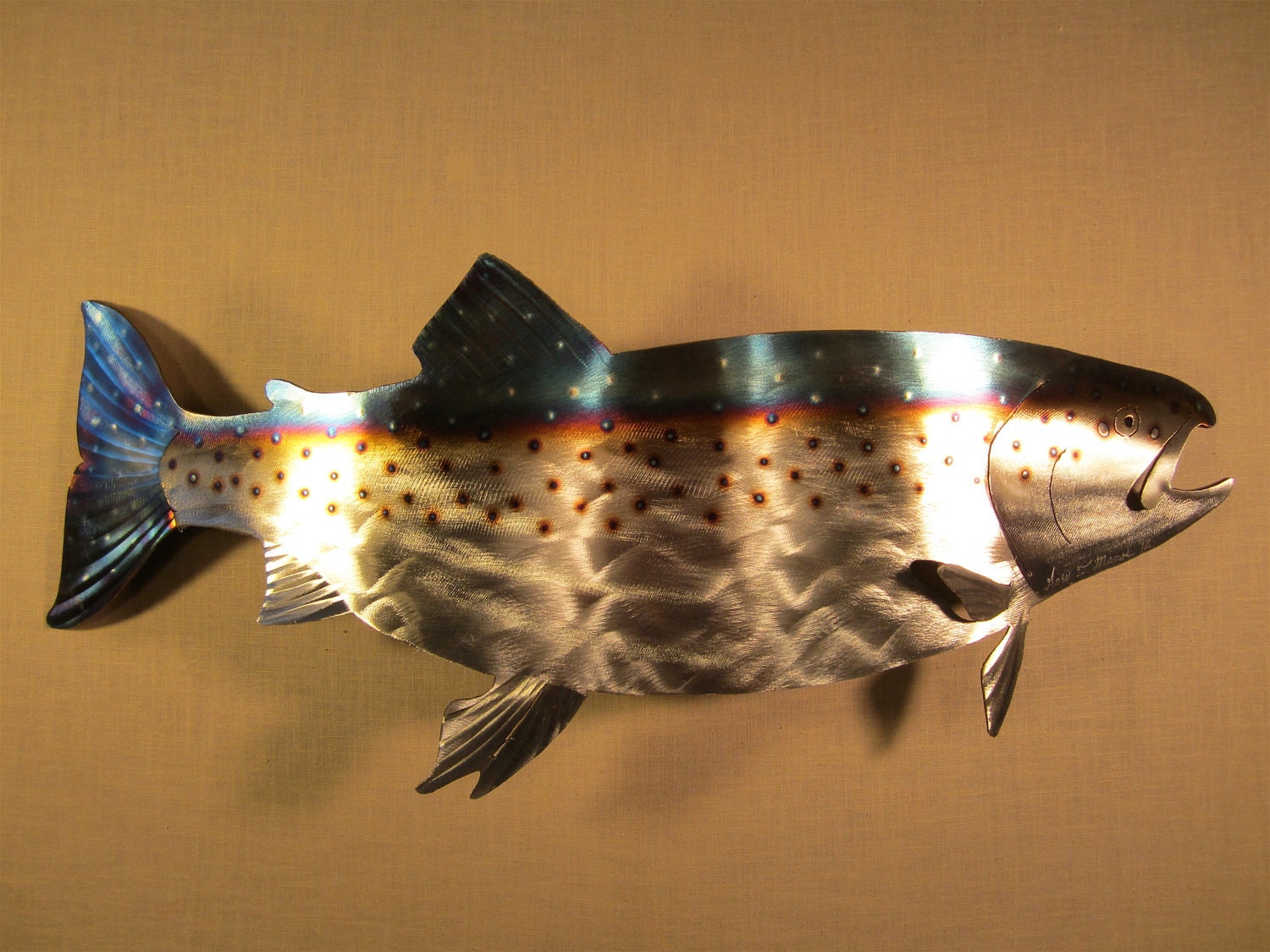 Salmon Steelhead Spawning Fish Fly Fishing Fisherman Swimming Stream River Current Alaska Oregon Metal Wall Art Steel Home Decor