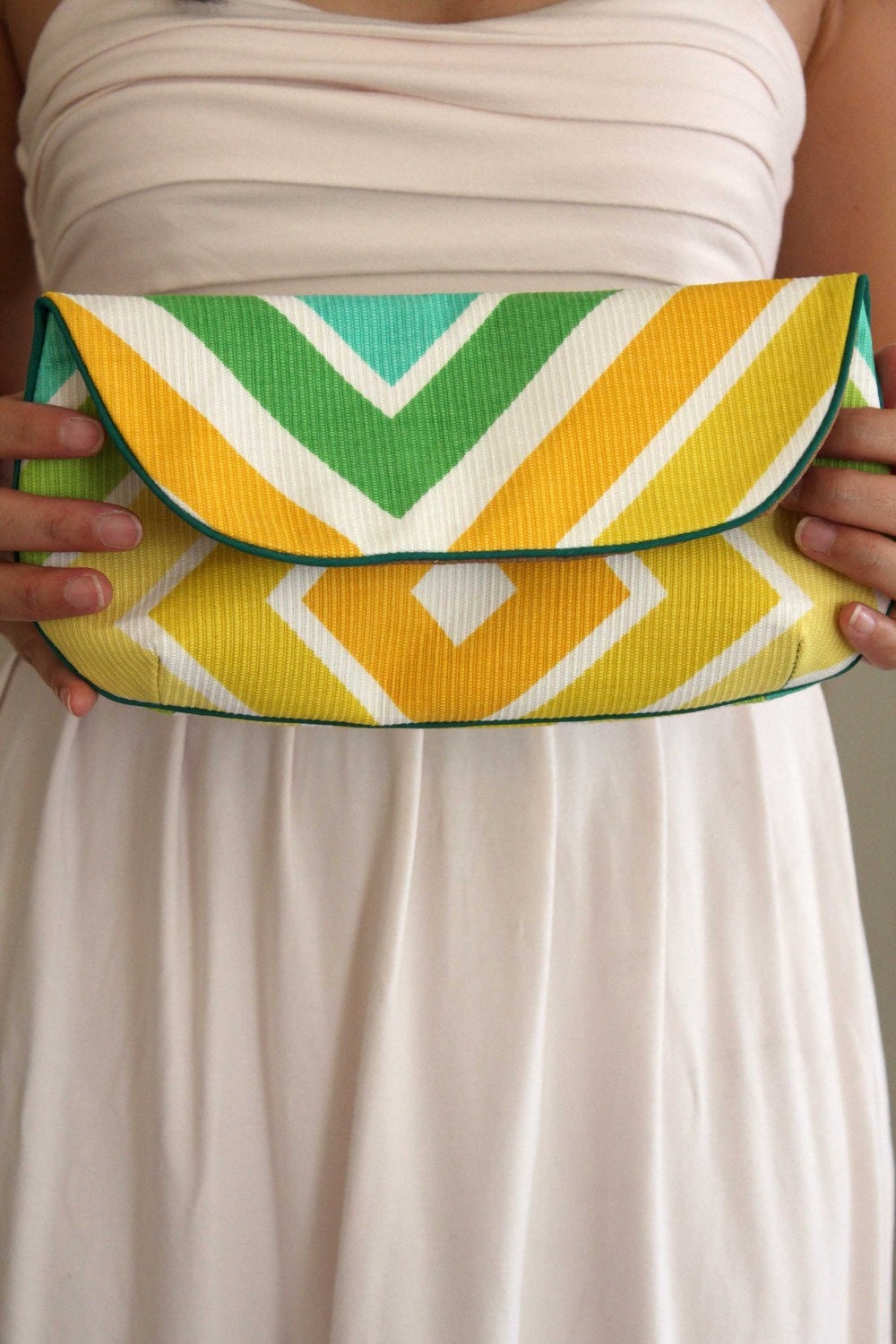 Chevron Clutch Purse in Yellow, Orange, Green, Turquoise, Lime & White Retro Print Vintage Fabric - Size Large cc031 - made to order